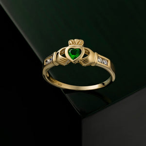 Claddagh Ring 10ct Yellow Gold with CZ & Synthetic Emerald Heart S2518