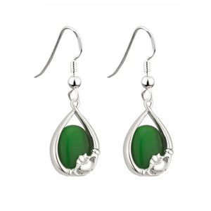 Green Glass Claddagh Oval Drop Earring