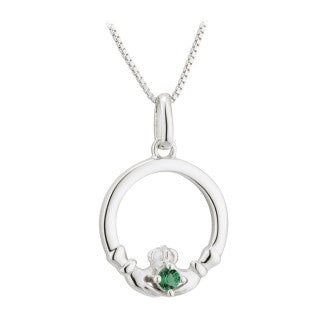 Acara Sterling Silver Claddagh Pendant with Green Crystal