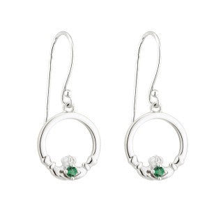 Acara Sterling Silver Claddagh Drop Earring with Green Crystal