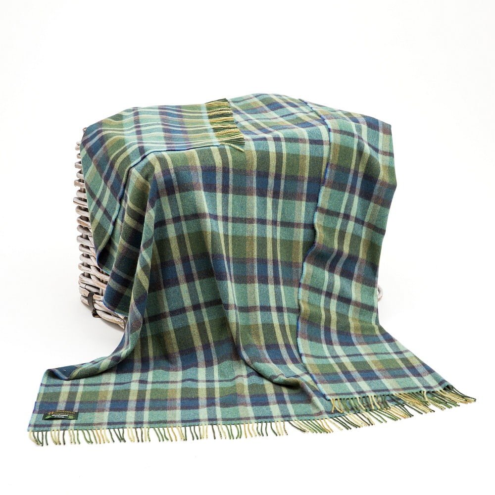 Lambswool Throw Green Mix with Blue Tartan