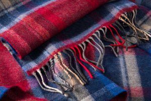 100% Merino Wool Luxury Scarf in Wine Blue Sky Silver Check