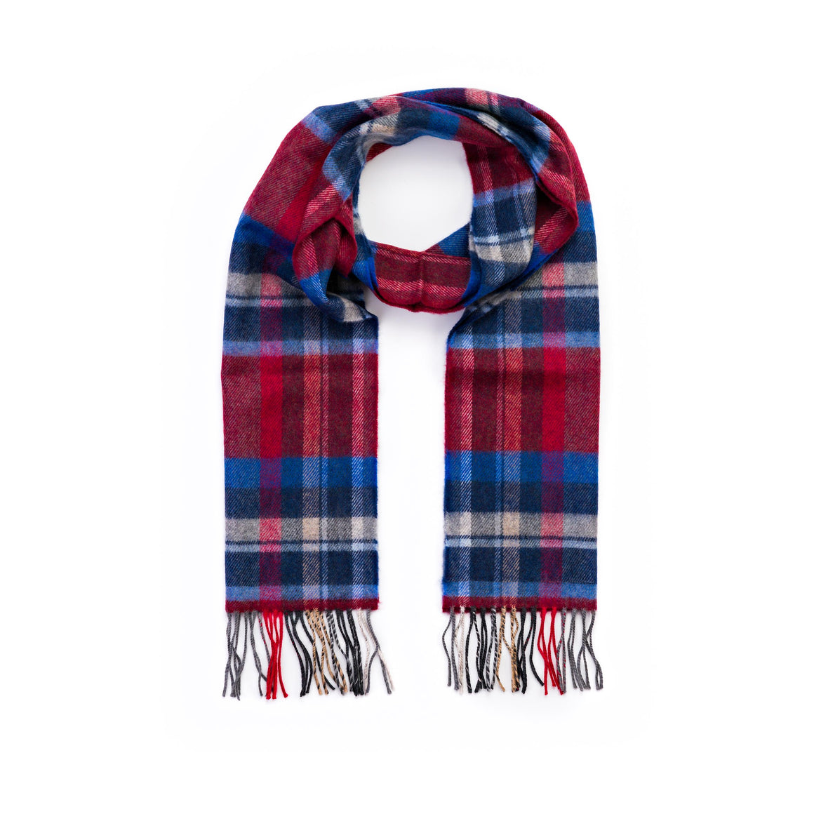 100% Merino Wool Luxury Scarf in Wine Blue Sky Silver Check