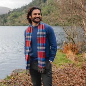 100% Merino Wool Luxury Scarf in Wine Blue Sky Silver Check