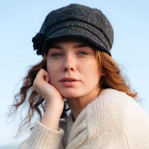Ladies Tweed Hat Brown Turquoise Herringbone Donegal with Rosette