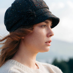 Ladies Tweed Hat Brown Turquoise Herringbone Donegal with Rosette