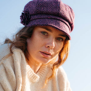 Ladies Tweed Hat Pink Deep Purple Herringbone Donegal with rosette