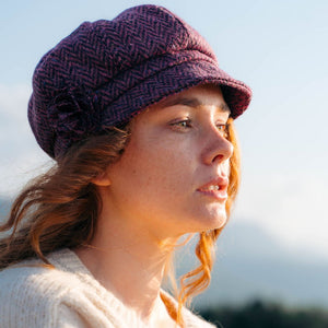 Ladies Tweed Hat Pink Deep Purple Herringbone Donegal with rosette