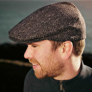 Irish Tweed Cap Charcoal Black Herringbone Donegal