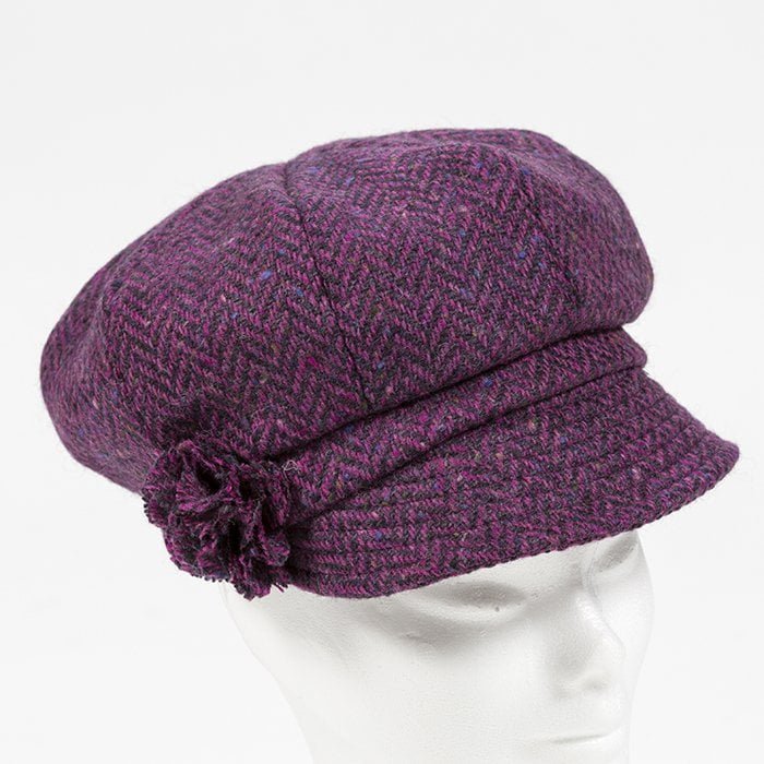 Ladies Tweed Hat Pink Deep Purple Herringbone Donegal with rosette