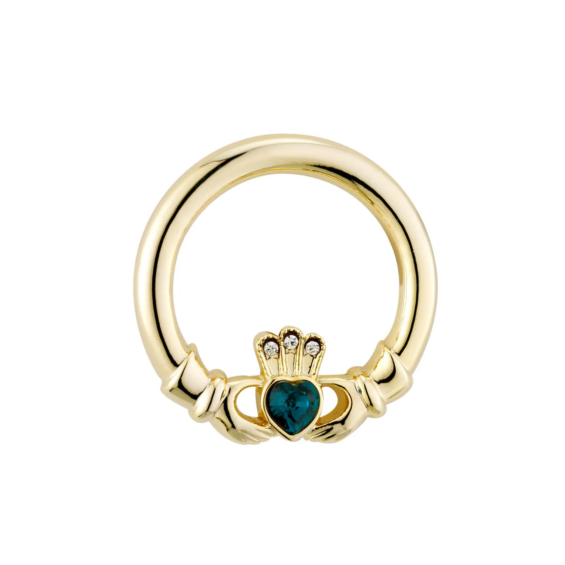 GOLD PLATED GREEN CRYSTAL CLADDAGH BROOCH.   S1547.