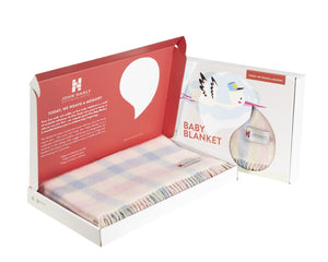 Irish Cashmere Baby Blanket Baby Pink Herringbone in a presentation box.