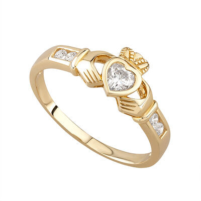 9ct Gold Emerald and Cubic Zirconia Claddagh Ring.