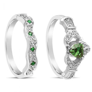 Diamond and Emerald Claddagh Ring and Wedding Band 14k Yellow or White Gold