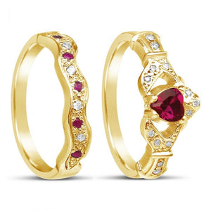 Diamond and Ruby Claddagh RIng and Wedding Band Set 14k Yellow or White Gold