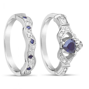 Diamond and Sapphire Claddagh Ring and Wedding Band 14k Yellow or White Gold
