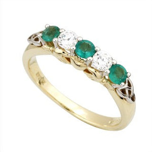 Claddagh Eternity Ring 14ct Gold with 2 Diamonds and 3 Emeralds S2916