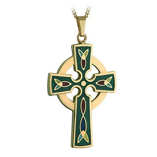 Celtic Cross Pendant Green Enamel 18K Gold Plated