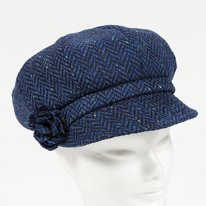 Ladies Tweed Hat Royal Blue Navy Herringbone Donegal with Rosette, B55