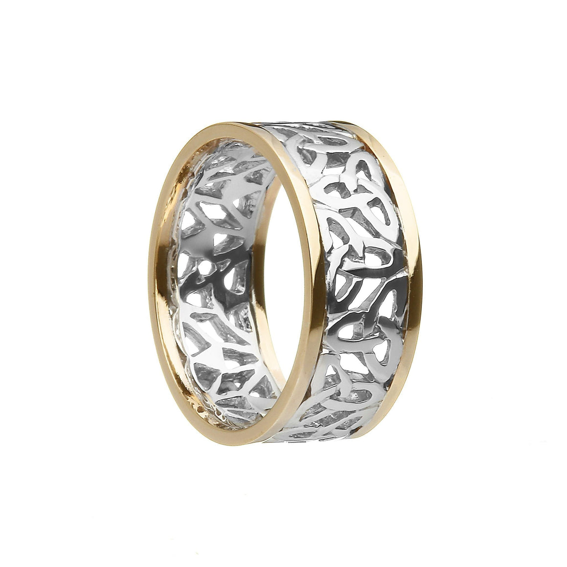Men's Trinity Knot Filigree Wedding Band with Yellow Gold Trims.
