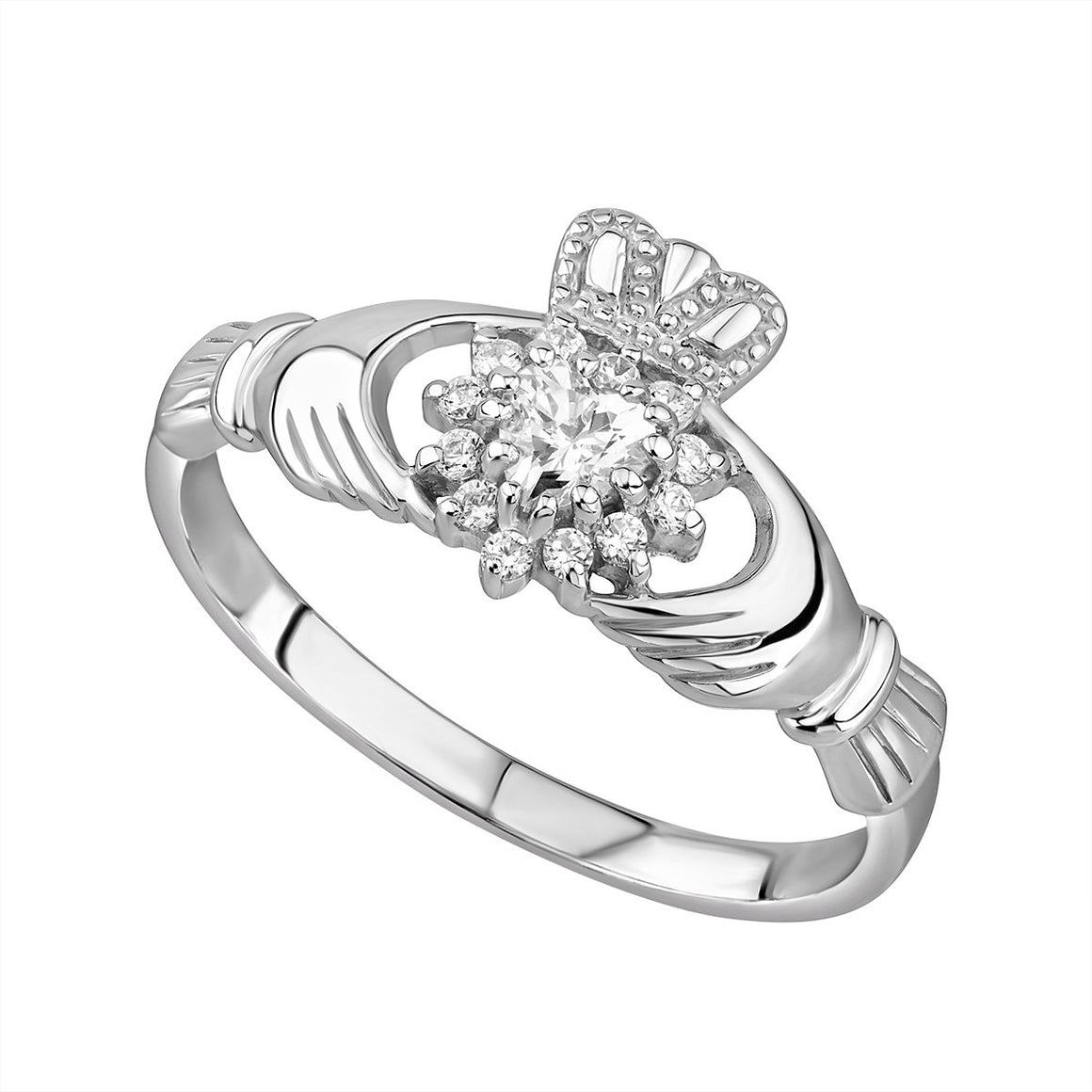 Sterling Silver Claddagh Cluster Cubic Zirconia Heart Ring