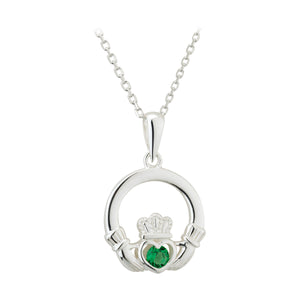 Claddagh Pendant Sterling Silver Crystal Emerald on a Chain S46360