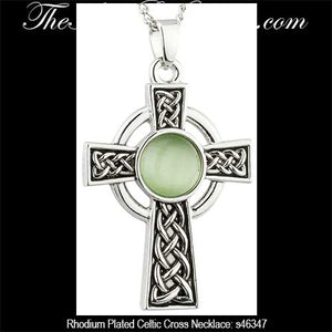 Rhodium Plated Celtic Cross Green Pendant