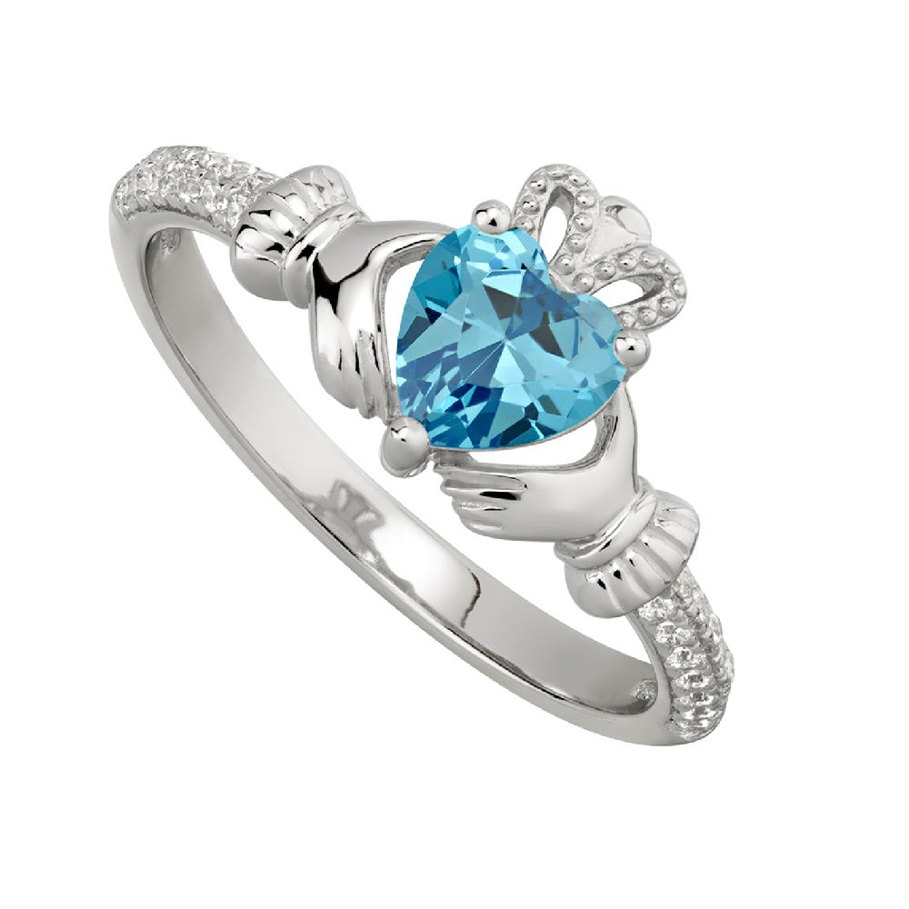 Claddagh Sterling Silver Birthstone and crystal Ring March