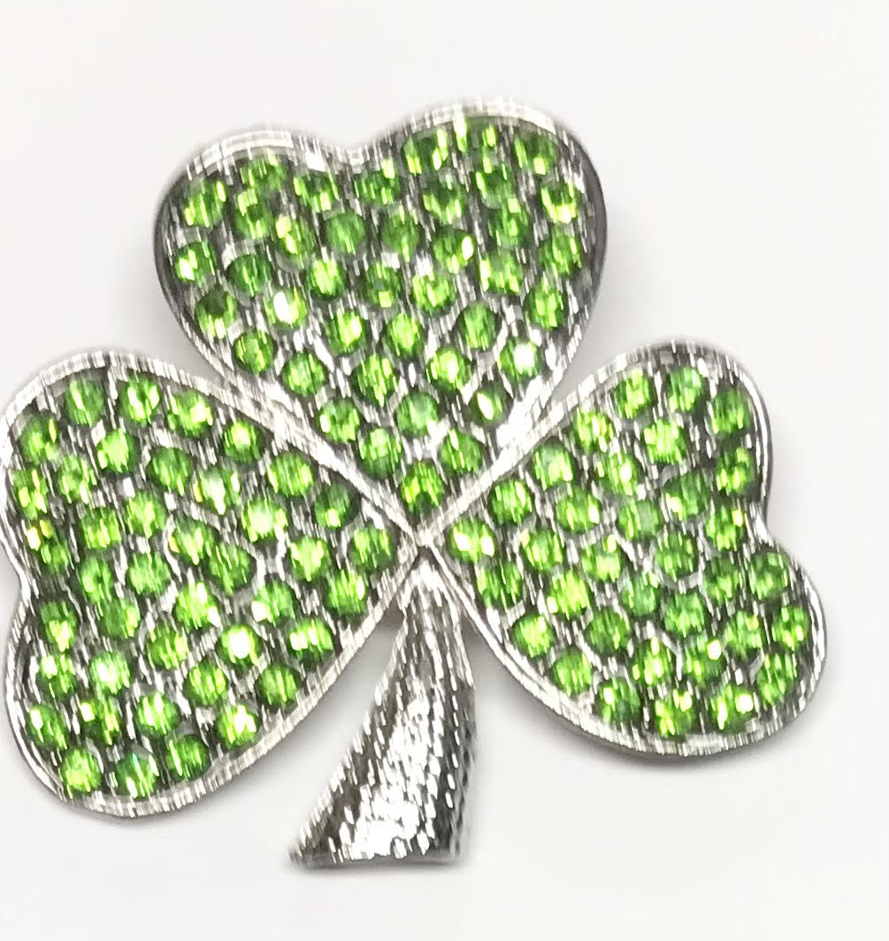 Rhodium Plated Shamrock Large Brooch with Green Crystals.