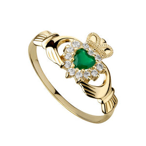 Claddagh Ring 9ct Gold with CZ and Green Agate S2298