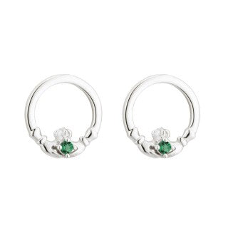 Acara Sterling Silver Claddagh Stud Earring with Green Crystal