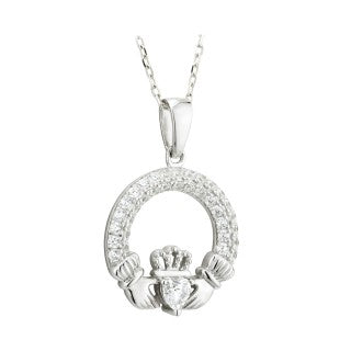Claddagh Trinity Birthstone Pendant April Sterling Silver with Crystal Setting.