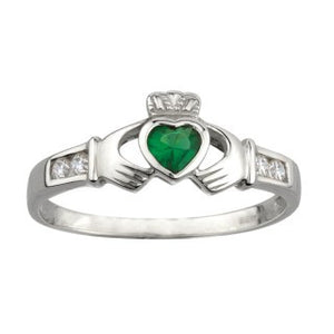 Claddagh Ring Sterling Silver with Synthetic Emerald & CZ S2594