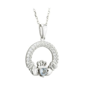 Claddagh  Birthstone Pendant December Sterling Silver with Stone Setting.