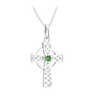 Acara Sterling Silver Large Celtic Cross Pendant with Green Crystal