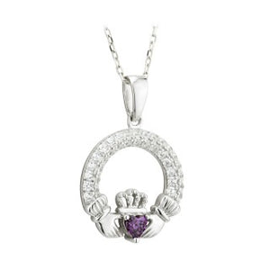 Claddagh Trinity BirthstonePendant February Sterling Silver with Crystal Setting