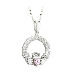 Claddagh Birthstone Pendant October Sterling Silver with Stone Setting.